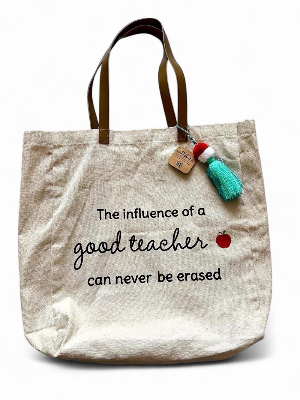 Canvas pom-pom Teacher Tote Bag in Natural with vegan leather Handles